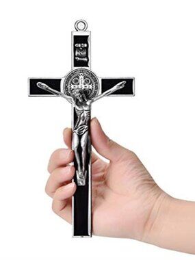 Black Enamel Crucifix Wall Cross -Saint Benedict Metal Wall Art-7 Inch